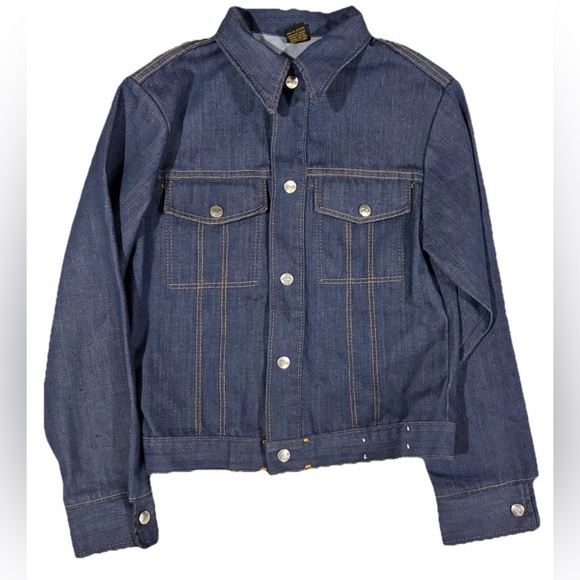 MANN Denim Trucker Jacket Dark Indigo Snap Button Size M/L - Picture 1 of 6